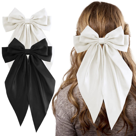 Andibro French Bow Hairpins for Women, 2pcs Set, Long Tail Satin Hairclip Bow Metal Clips for Dress up Accessories Decor