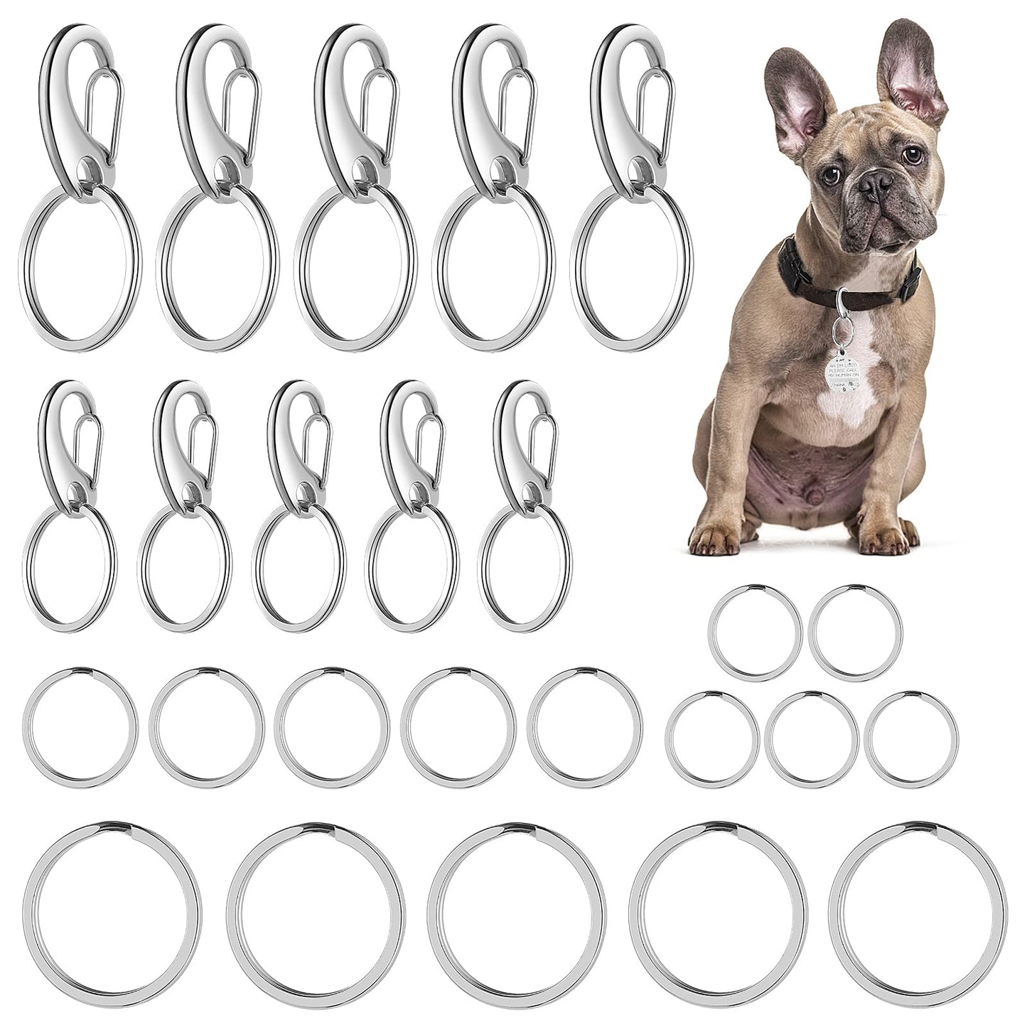 Molain Dog Tag Clips with Tag Rings, Durable Dog ID Tag with Keychains Stainless Steel Pet Tag Clip for Large Dogs Collar Harnesses 10 Clips 15 Rings