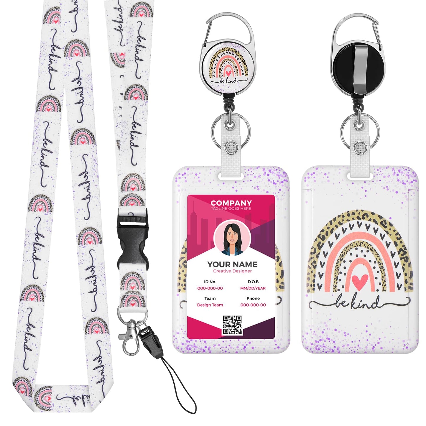 TIESOME Retractable Lanyard with ID Card Holder Set, Boho Rainbow Plastic Card Holder with Detachable Lanyard and Badge Reel Clip ID Protector Hard Badge Holder for Nurse Doctor Teacher(C)