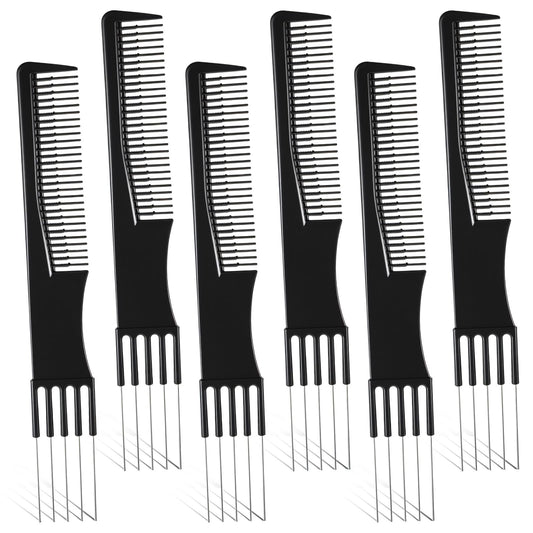 LIQWEI 6 PCS Double-Head Parting Teasing Comb, Black Metal Prong Pick Combs Parting for Women Hair Pick Teasing Lifting Fluffing Combs for Styling Salon Fine Thick Thin Hair