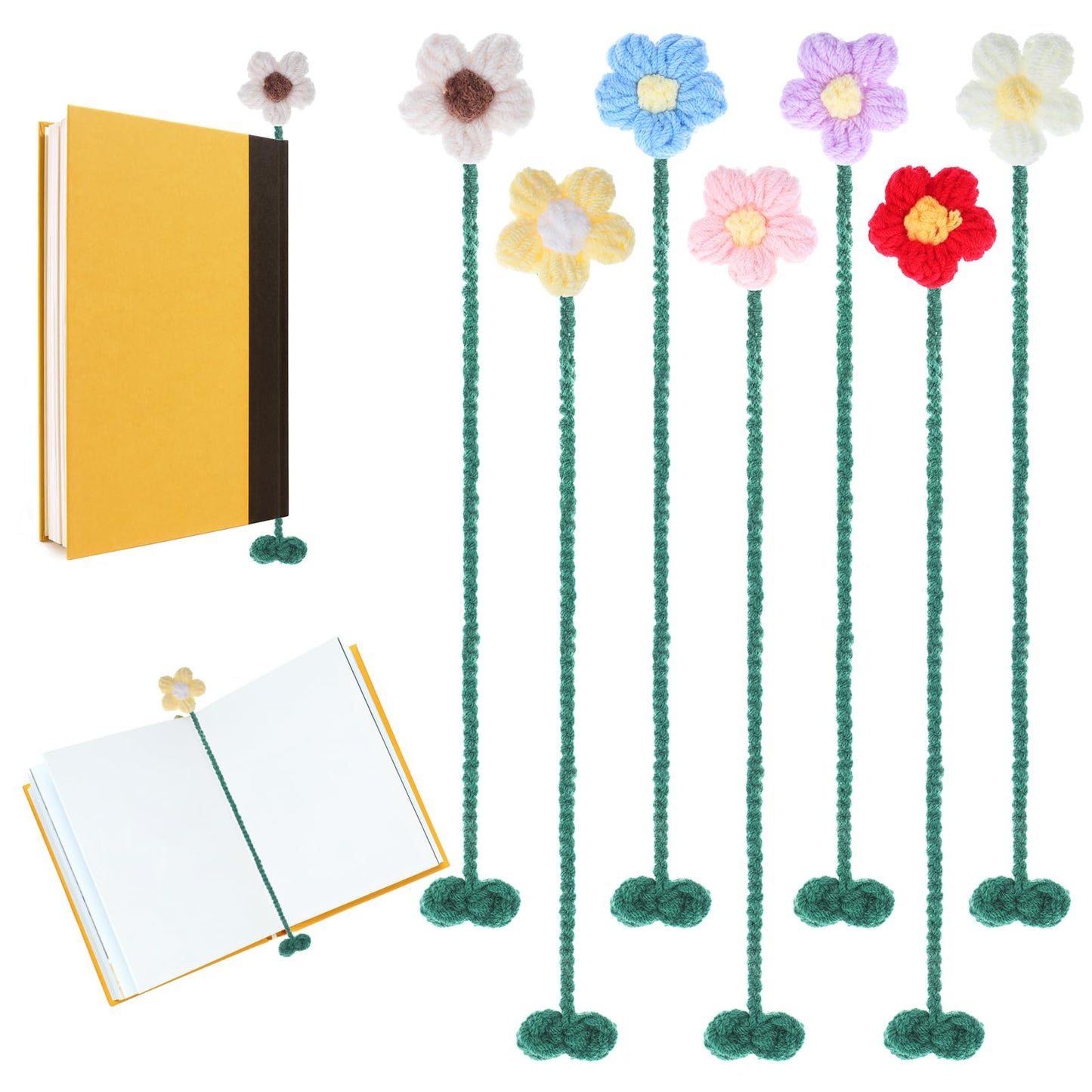 XLIUAX 7 Pcs Crochet Bookmarks, Crochet Bookmark Daisy Bookmarks for Books Lover Cute Books Marks Handmade Knitted Book Marker Charming Yarn Bookmark Decorative Floral Green Leaf Yarns Book Markers