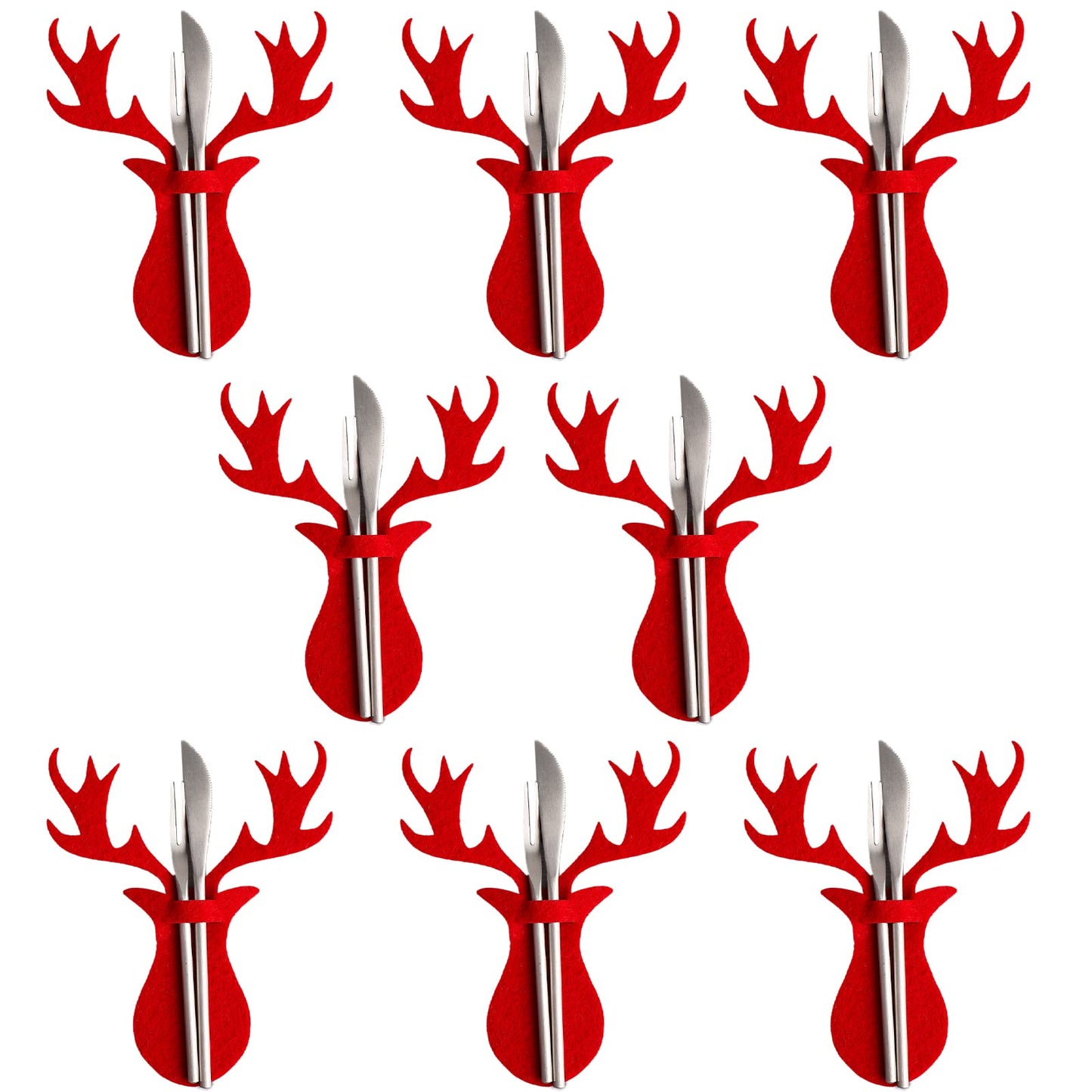 cobee Christmas Cutlery Holders, 8 Pcs Xmas Mini Elk Tableware Christmas Silverware Cutlery Holders Pocket Knifes Forks Bags Dinnerware Decorations for Home Party(Red Elk)