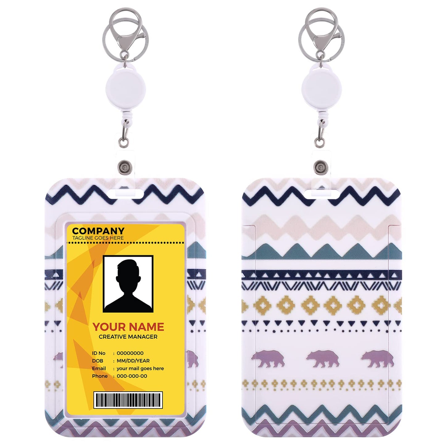 cobee ID Badge Holder with Retractable Reel, 2 Pack Boho Plastic Card Holder with Lobster Clasp Clip Keyring Vertical ID Card Protector Card Case Protector Pouch for Office School(B)