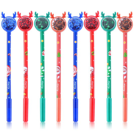Amaxiu 8pcs Christmas Gel Ink Pens, Cute Cartoon Santa Ballpoint Pen Elk Sequin Xmas Theme Rollerball Pen Novelty Funny 0.5mm Black Ink Fine Point Pen for School Party Gift Supplies