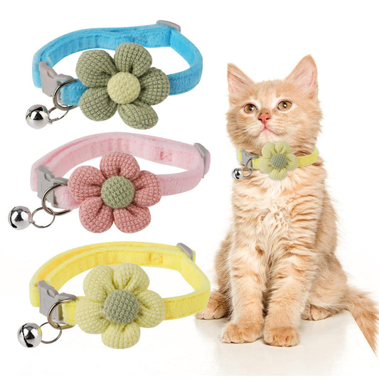 Jeffdad 3Pcs Flower Cat Collar, Cat Collar with Bells Adjustable Flower Bowtie Collars Girl Boy Pet Kitten Collar for Kitten Puppy and Small Pets (Pink+Blue+Yellow)