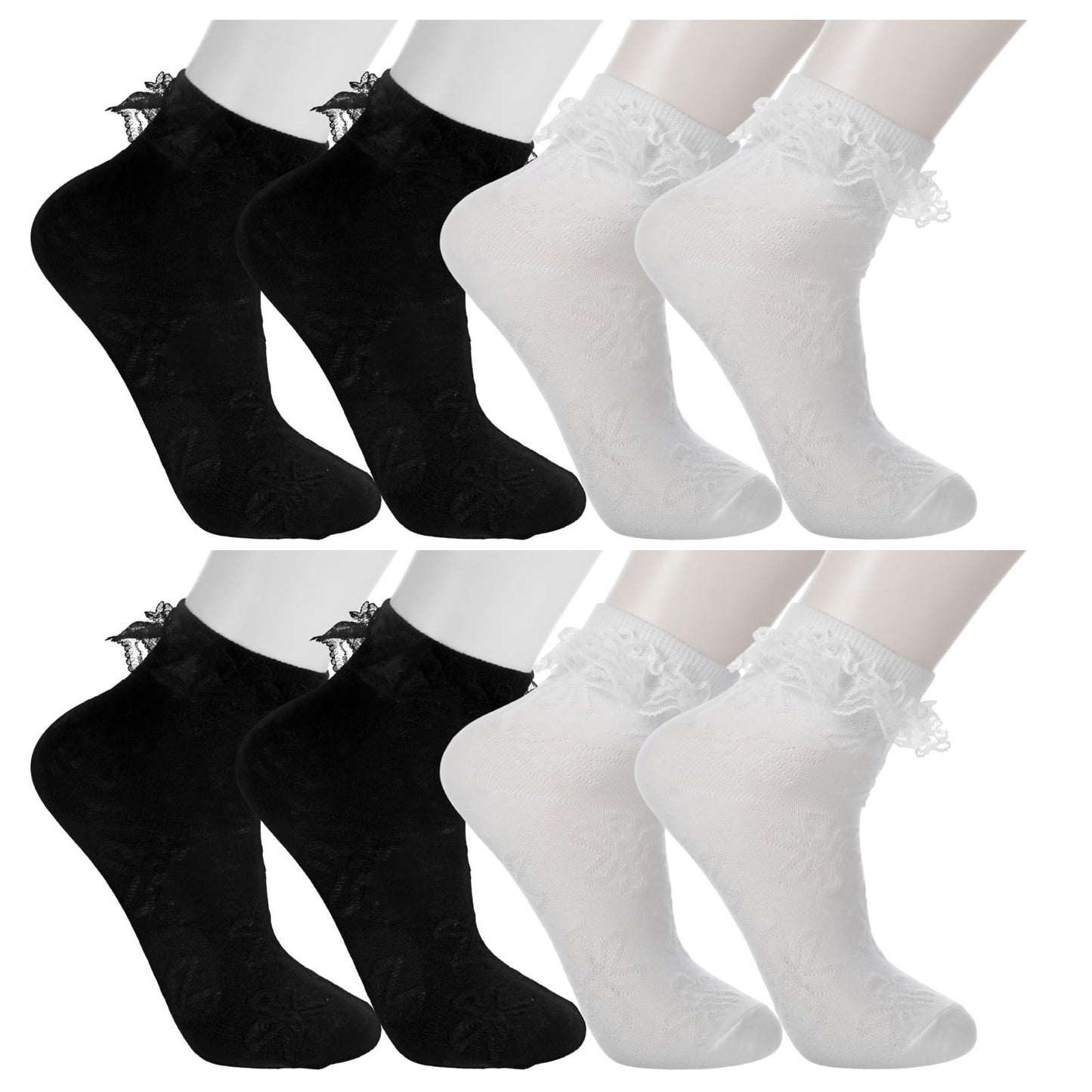 Yuanchu 4Pack Women Crew Socks, Cute Lace Ruffle Frilly Cotton Princess Ankle Dress Socks Lolita Accessories for Women