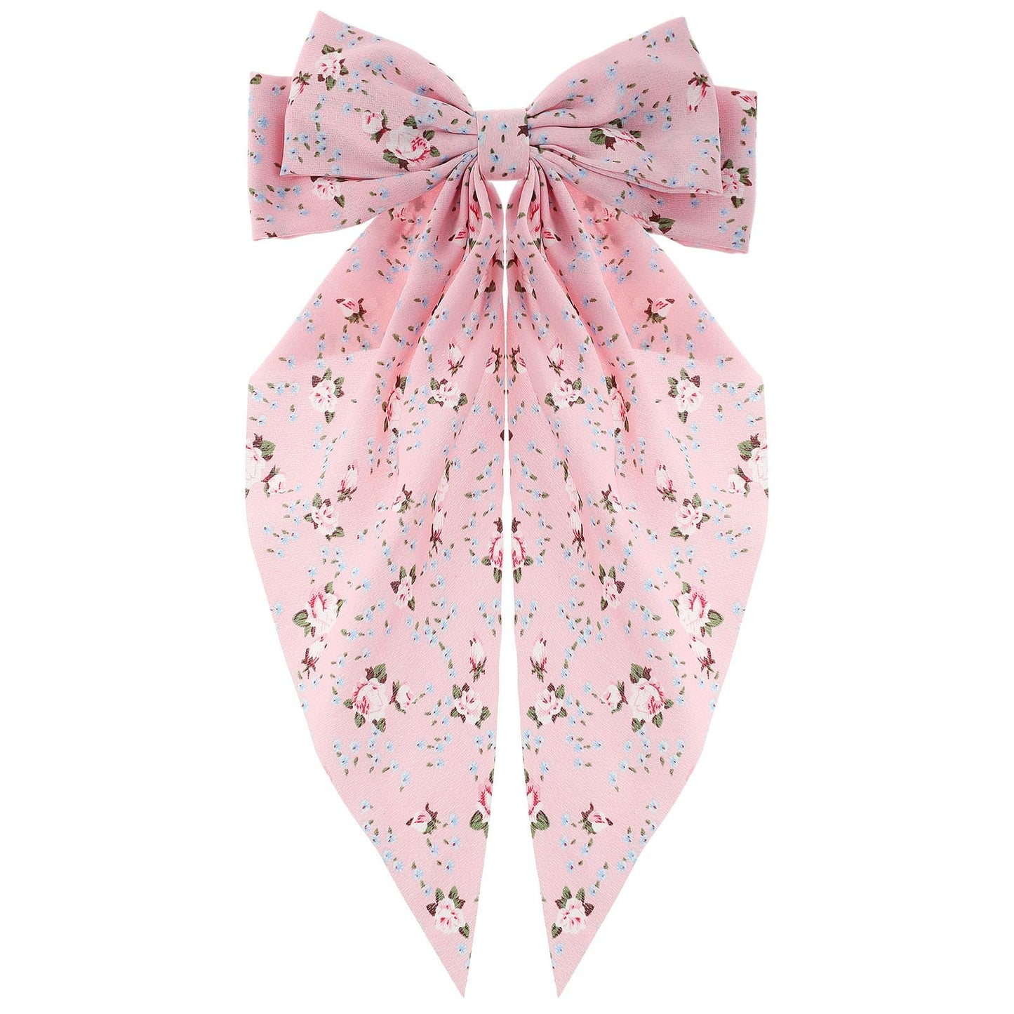 Andibro Pink French Bow Hair Clip, Flower Pattern Ribbon Bow Hairpins, Long Tail Big Bow Barrettes Soft Silky Satin Hairclips 90's Aesthetic Hair Accessories Decor with Metal Clip for Women