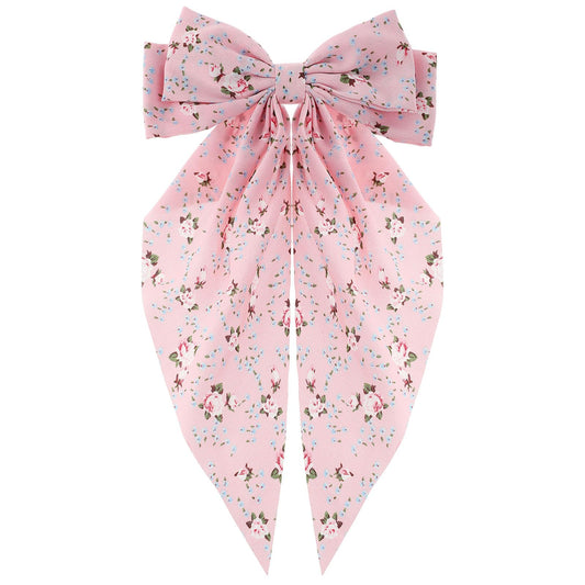 Andibro Pink French Bow Hair Clip, Flower Pattern Ribbon Bow Hairpins, Long Tail Big Bow Barrettes Soft Silky Satin Hairclips 90's Aesthetic Hair Accessories Decor with Metal Clip for Women