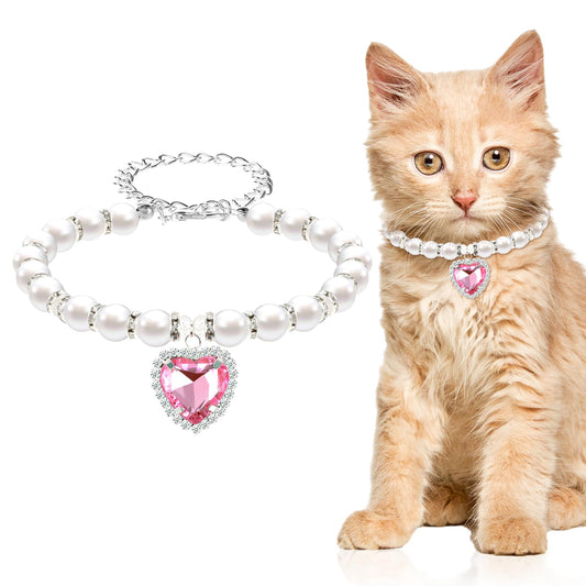 Andibro Pearl Cat Collar, Cute Rhinestone Puppy Collar Shine Small Cat Necklaces Pet Collar with Bling Accessories for Kitten Small Dogs Wedding Birthday Party(M,pink)
