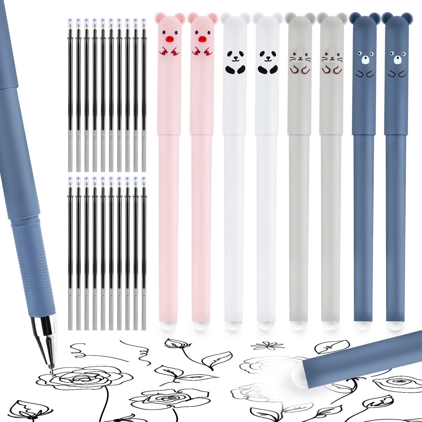8 Pack Erasable Pens with 20 Pcs Erasable Refills, Cute Cartoon Animal Rollerball Pens Erasable 0.5mm Ink Gel Pens Friction Pens Stationery Office Supplies Gift (Black ink with 20 refills)