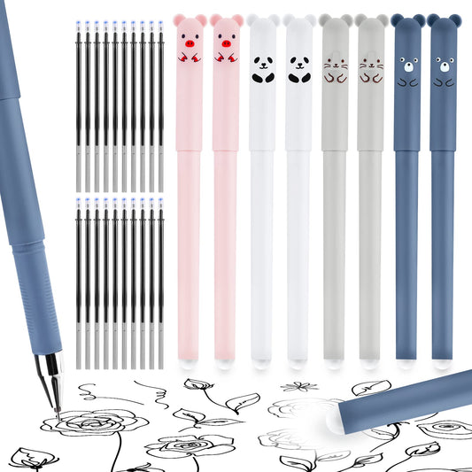 8 Pack Erasable Pens with 20 Pcs Erasable Refills, Cute Cartoon Animal Rollerball Pens Erasable 0.5mm Ink Gel Pens Friction Pens Stationery Office Supplies Gift (Black ink with 20 refills)