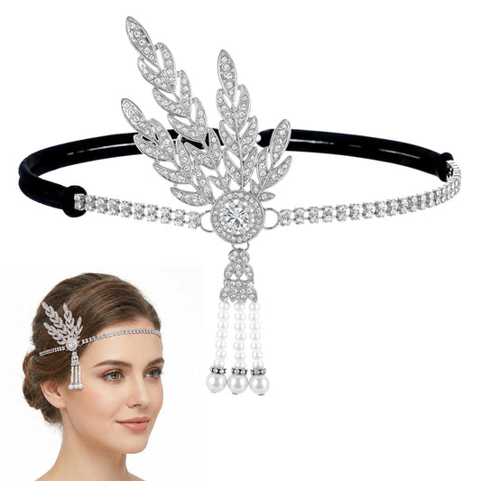 JJUNW 1920s Flapper Headband, Leaf Rhiestones Headpiece Bride Wedding Head Bands Pearl Tassel Headdress 1920s Headpiece for Women (Silver)