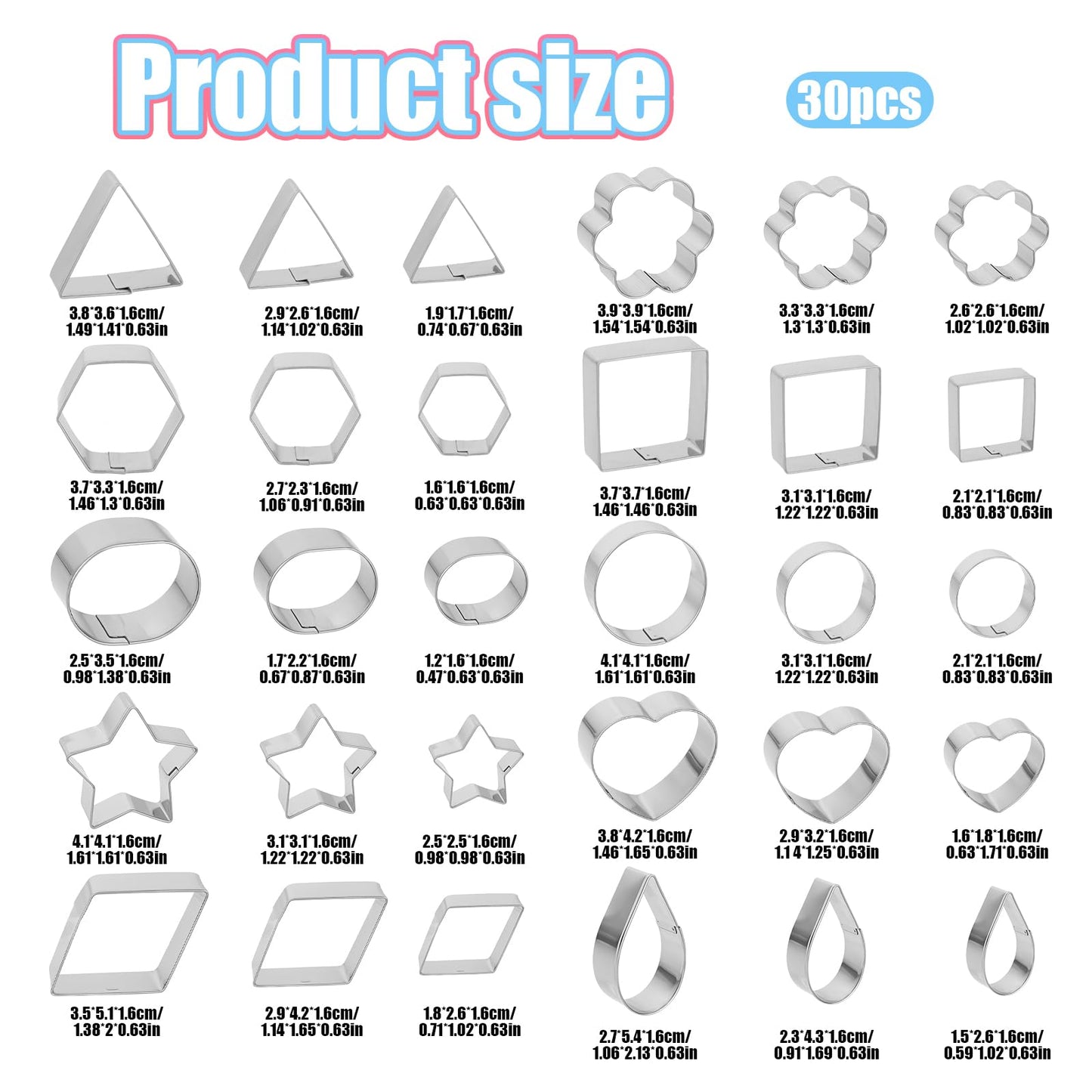 Giantree 30Pcs Mini Cookie Cutter Set with Box, Metal Cookie Cutters, Baking Set, Small Heart Star Flower Round Square Hexagon Oval Diamond Shapes Stainless Steel Veggie Cutters for Biscuit Fruit(30)