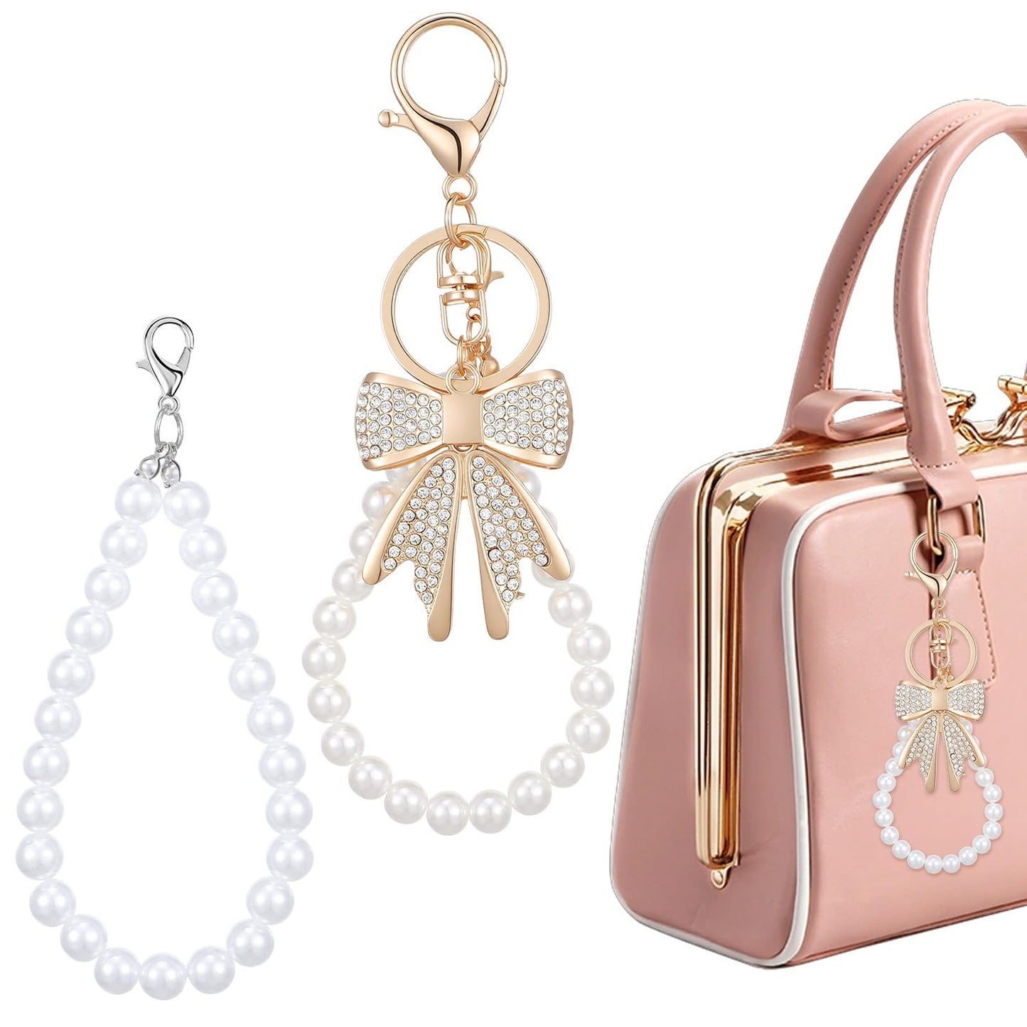DOPENSPI 2 Pcs Rhinestone Bow Keychain with Pearl Wristlet Chain, Purse Bowknot Key Chain Gold Purse Charm Accessories for Women Handbag Backpack Decorations