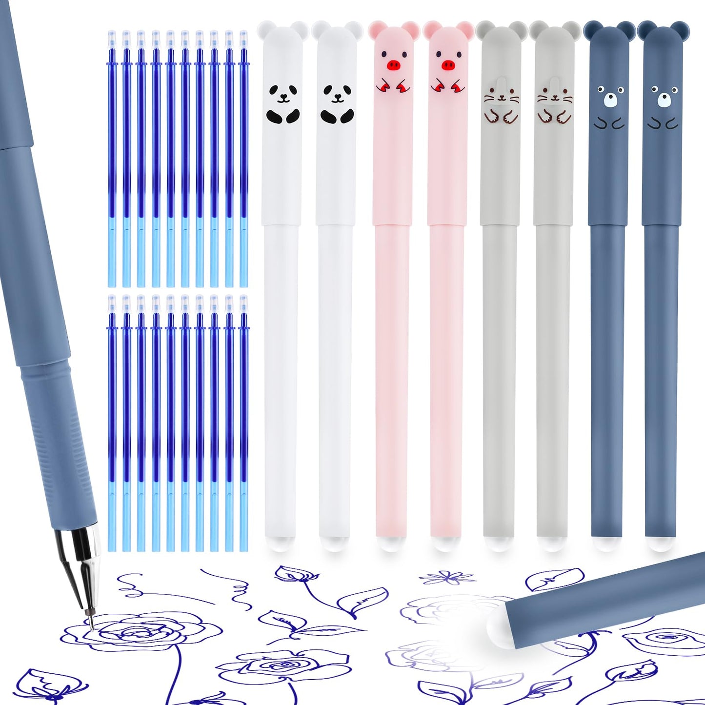 TIESOME 8 Pack Erasable Pens with 20 Pcs Erasable Refills, Cute Cartoon Animal Rollerball Pens Erasable 0.5mm Blue Ink Gel Pens Friction Pens Stationery Office Supplies Gift (Blue ink with 20 refills)