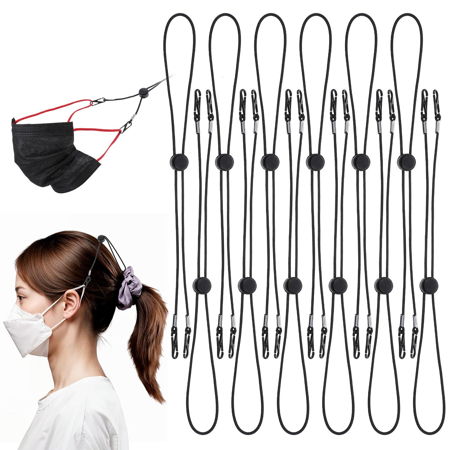 MBAIYO Pack of 12 Elastic Mask Straps, Adjustable Mask Holder, Black Mask Chain, Mask Strap for Mouth Guard, Non-Slip Mask Extension, Lanyard, Mask Holder, Back of the Head Neck Holder