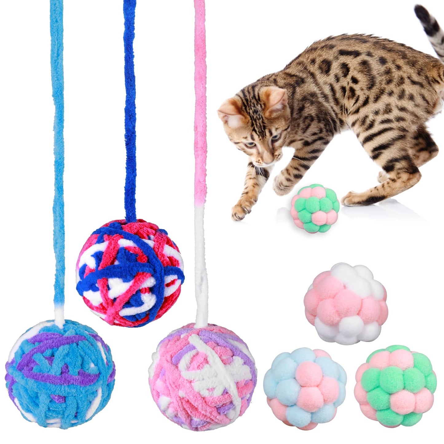 cobee Cat Toy Balls with Bell, 3PCS 5.5CM Kitten Toys Yarn Balls with String + 3PCS 4.5CM Cat Fuzzy Balls Soft Cat Balls Interactive Cat Toys Kitten Chew Toys for Indoor Cats and Kittens