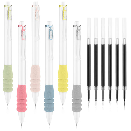 Bewudy 6Pack Cute Gel Pens Quick Dry Ink Pens with 6 Refills, Black Ink Pens, Retractable 0.5mm Fine Point Gel Pens, Aesthetic Note Taking Pens for School Office Journaling Drawing