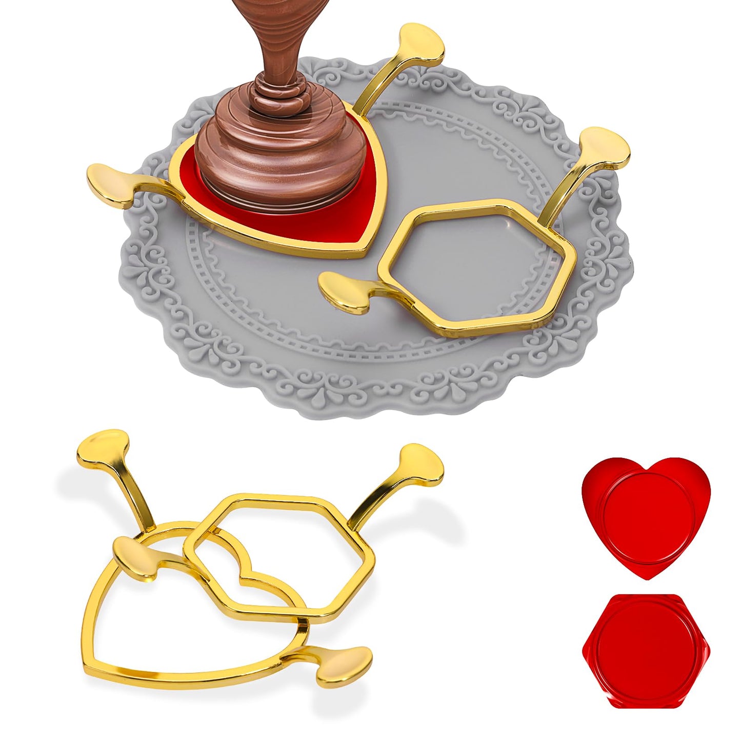 cobee Sealing Wax Stamp Kit for 1 Inch Wax Seal Stamp, 2 Pcs Wax Seal Molds with Silicone Waxing Mat Wax Seal Kit for Gift Wrapping Decoration Envelopes Cards Wedding Invitations(Heart, Hexagon)
