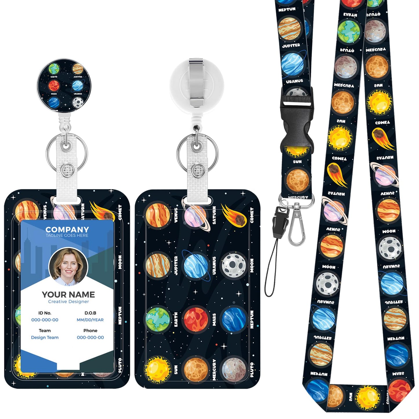 TIESOME Planet Teacher Badge Holder, Retractable Badge Reel with Detachable Lanyard Fashionable Starry Sky ID Card Holder Heavy Duty Credit Card Protector with Carabiner Clip for Nurse Teacher