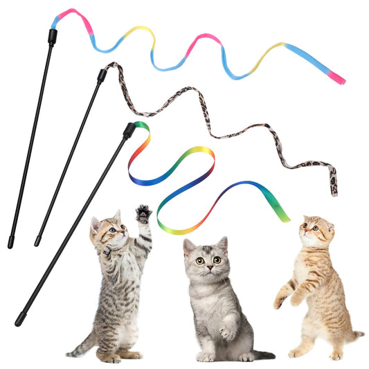 cobee 3 Packs Cat Wand Toy Set, 30cm Cat Interactive Wand with 60cm Rainbow Ribbon String+ Rainbow Cloth String + Leopard Print Cloth String for Pet Kitten Training Exerciser Kitten (3 Pcs)