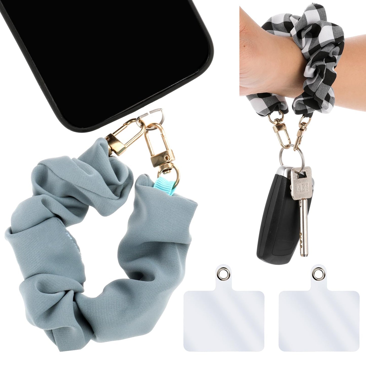 TIESOME Scrunchie Phone Wrist Strap, 2 Pcs Detachable Large Intestine Phone Chain Cell Phone Lanyard Multifunctional Hair Band Keychain with 2 Transparent Cards for Women Girl Gift(B)