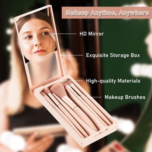 AOZUO Travel Makeup Brush Set, 5PCS Mini Make up Kit with a Storage Box and Built-in Vanity Mirror Portable Facial Cosmetic Brushes for Blush Eyeshadow Contour Concealer(Apricot Skin Color)