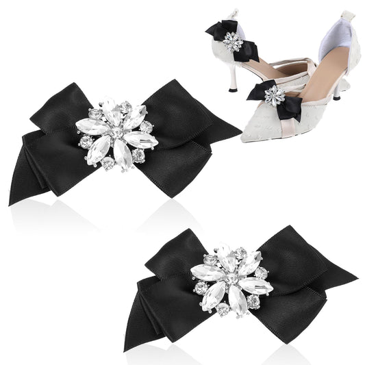 Amabro 2PCS Bows Shoe Clips, Rhinestone Bow Knots Shoe Buckle Decors, Detachable Crystal Fashion Shoe Charm Accessory for Heels Bridal Wedding(Black)