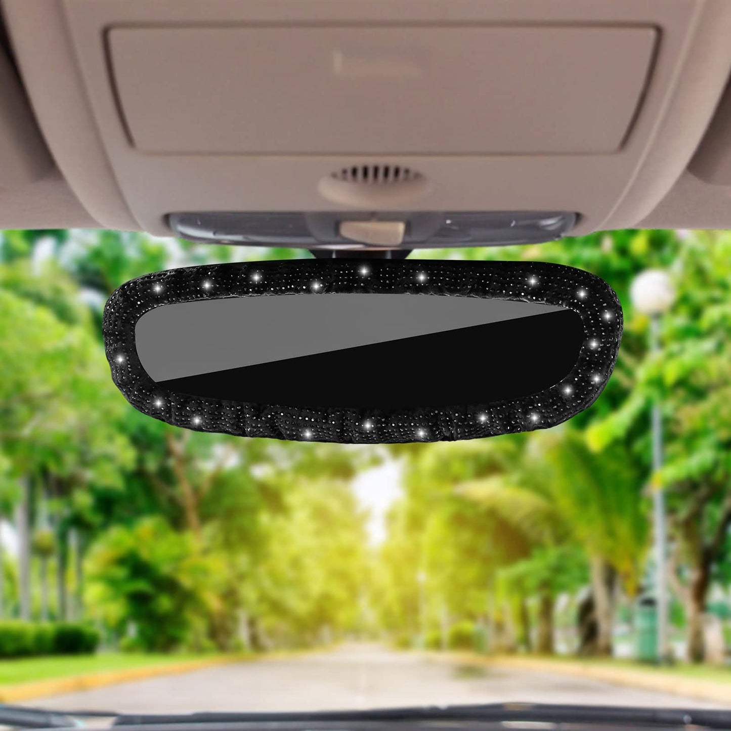 cobee Bling Car Rearview Mirror, Glitter Rhinestone Car Rear View Mirror Elastic Band Car Rearview Mirror Cover for Women Girl Universal Fit Rearview Mirror Accessories(Black Crystal Diamonds)