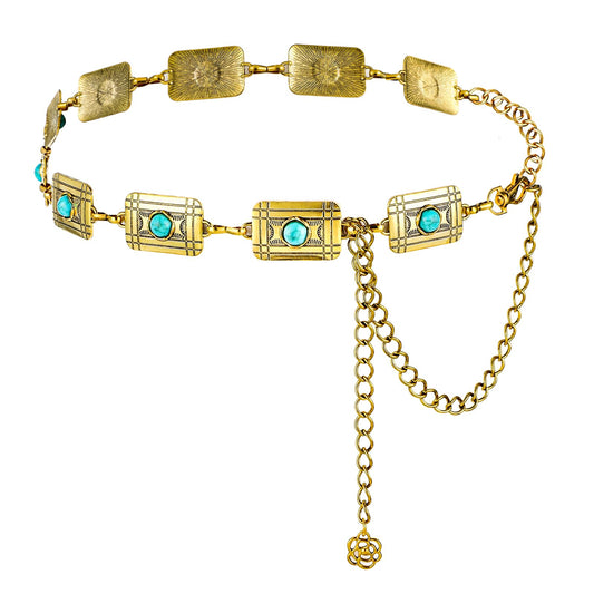 Amabro Women Metal Waist Belt, Western Cowgirl Turquoise Waistband Adjustable Boho Country Chain for Dress Jeans(Gold-2)