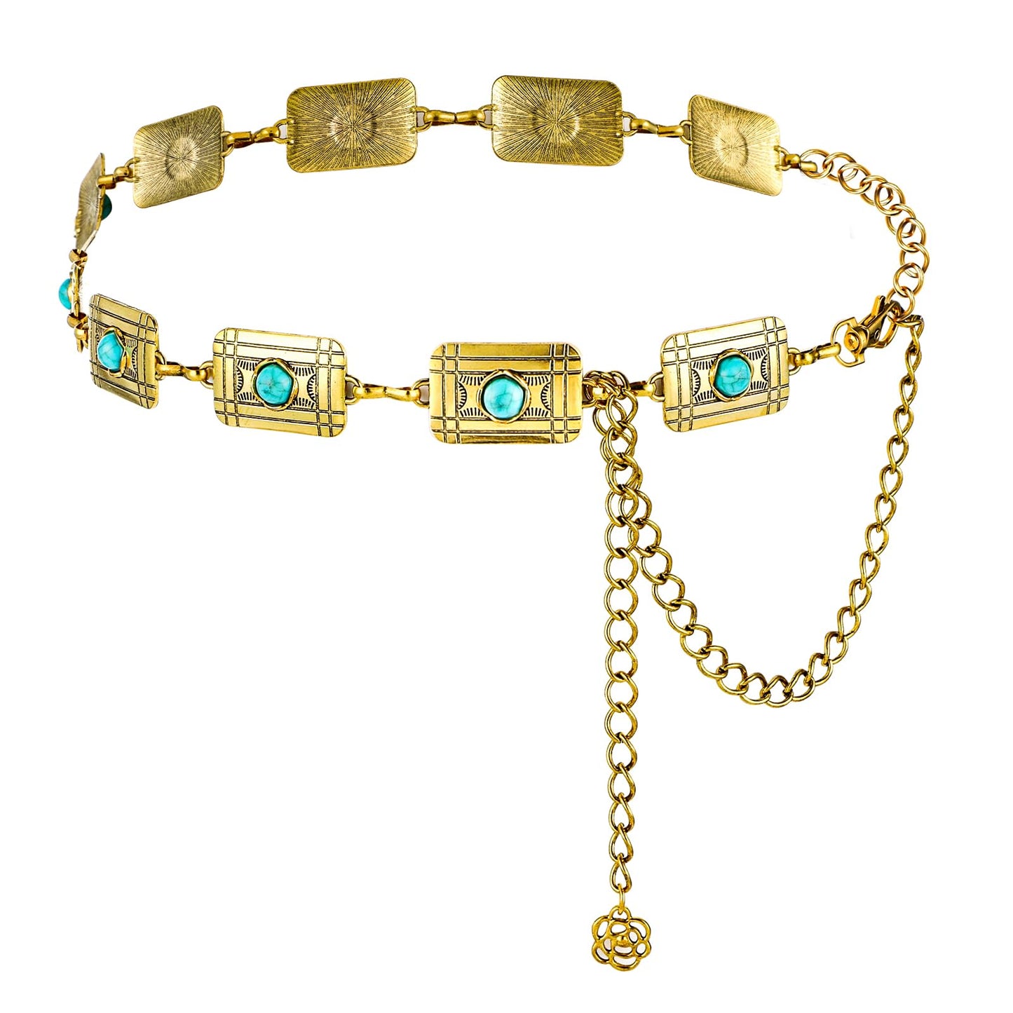 Amabro Women Metal Waist Belt, Western Cowgirl Turquoise Waistband Adjustable Boho Country Chain for Dress Jeans(Gold-2)
