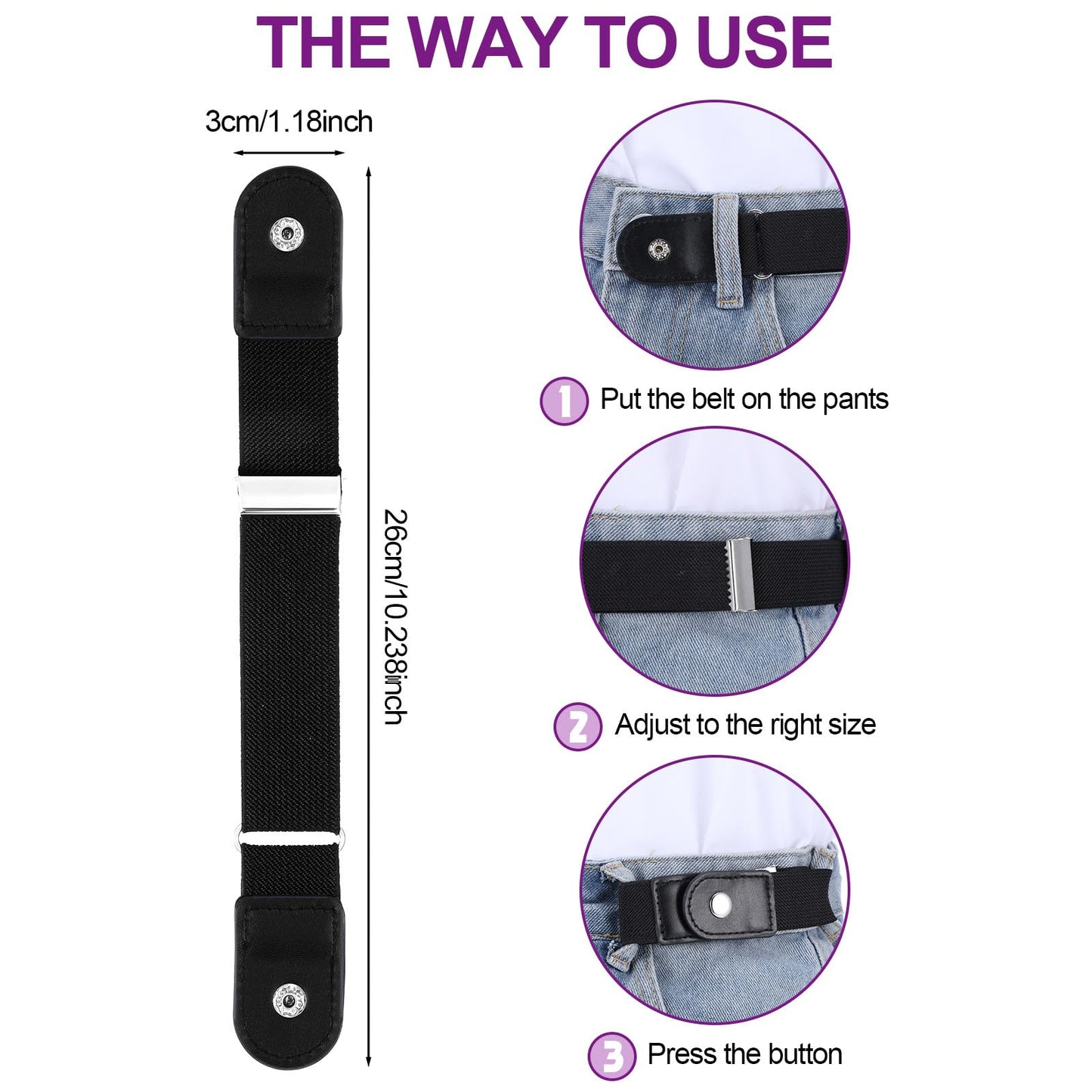 AOZUO 2pcs No Buckle Belt for Women Men, Adjustable Invisible Buckleless Elastic Bands for Jeans Casual Pants Waistband