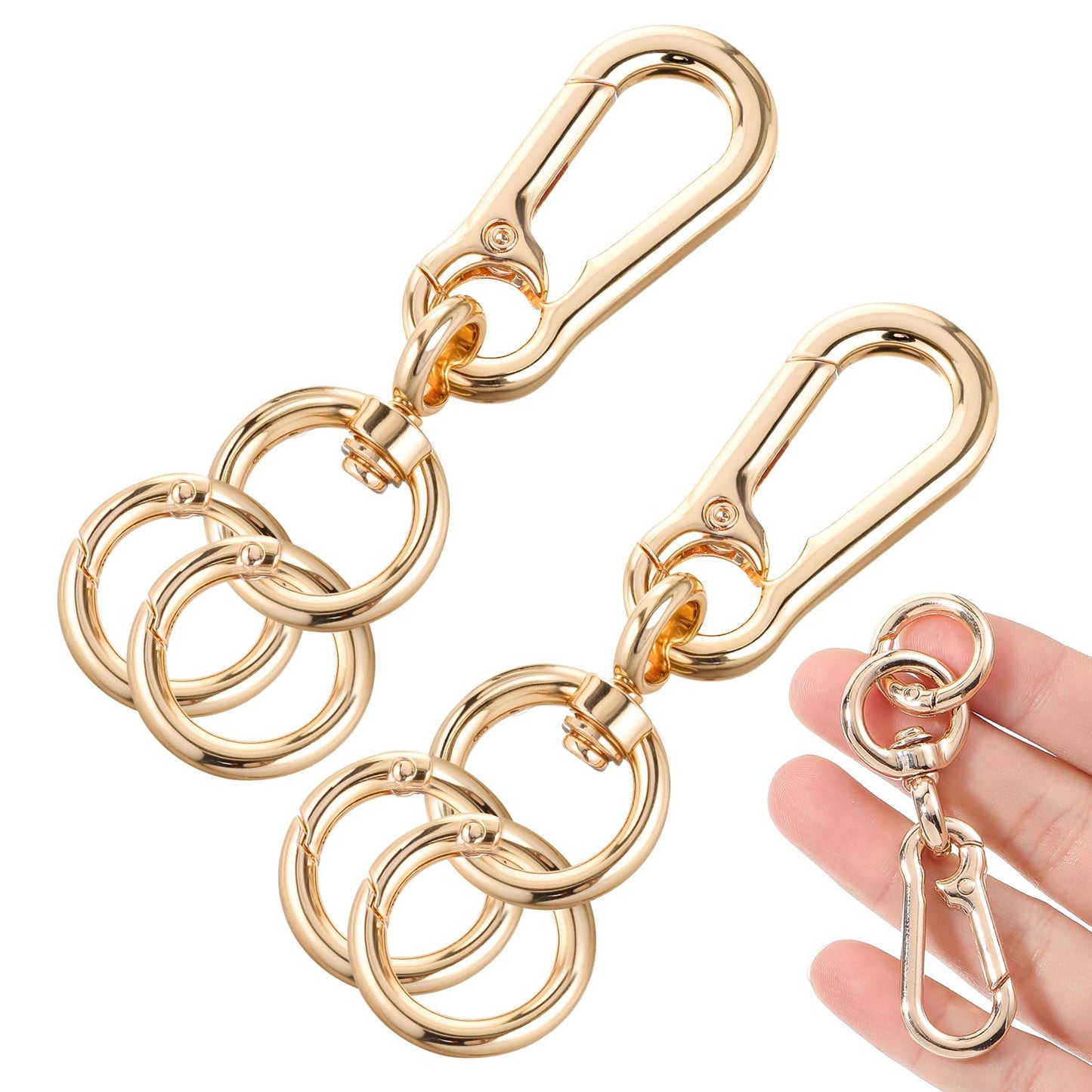 Yuanchu Rotating Carabiner Hooks, Pack of 2 Metal Carabiner Key Rings with Swivel Golden Lobster Clasp with 4 Round Spring Buckle Clip for DIY Handbag Keychain Purse Backpack Hun