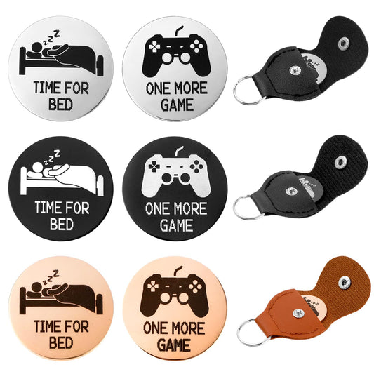 Amaxiu 3pcs Decision Maker Coins, Pocket Hug Token Double Sided Funny Decision Coins Destiny Flip Coins Leather Keychain Gift for Game Lovers, One More Game or Time for Bed(Rose Gold, Silver, Black)
