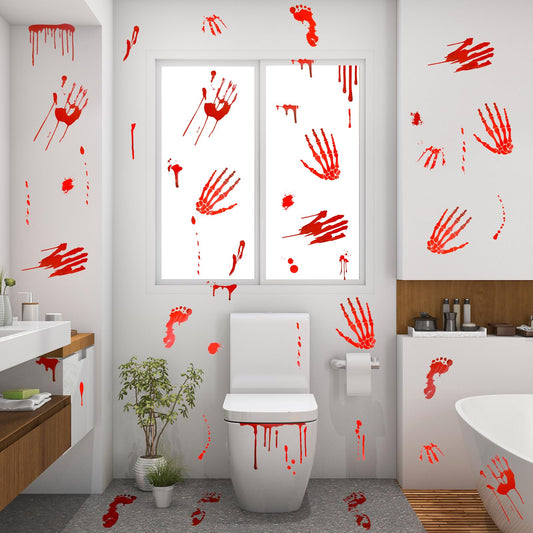 Halloween Decorations, 4 Sheet 35 PCS Terror Bloody Handprint Footprint Window Stickers, Scary Halloween Window Decals, Halloween Party Indoor/Outdoor Decoration, Spooky Wall Decal and Floor Stickers