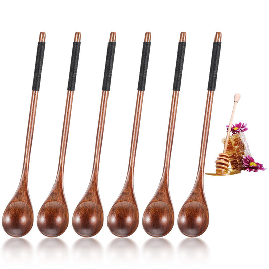 HJZHII Set of 6 Wooden Spoons, Honey, Wooden Spoon Set, Wooden Spoon, Long Handle, Wooden Spoon, Soup Spoon, Coffee, Tea, Jam Spoon, Coffee Spoon, Tea Spoon, Handmade Stirring Cocktail Dessert Ice