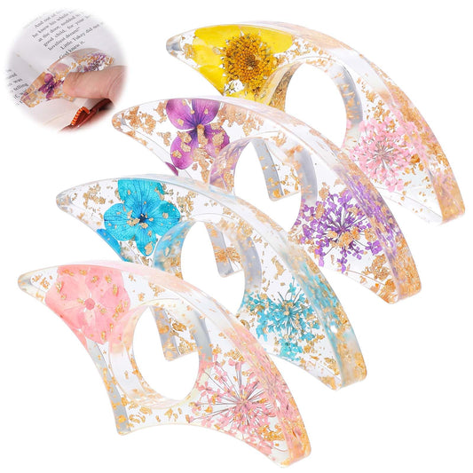 Jeffdad Book Page Holder, 4 PCS Dried Flower Resin Transparent Bookmark Handmade Dried Flower Book Opener Holder Thumb, Meaningful Gifts for Book Lovers Teachers Students(Style1)