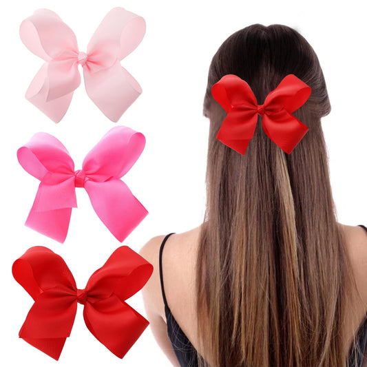 Amaxiu 3 Pcs Ribbon Hair Bow Clips, 6 Inch Large Barrettes Hairpin Solid Color Ponytail Holder Vintage Hair Bobbles Hair Styling Accessories for Girls Women Christmas Birthday Valentine's Day(A)