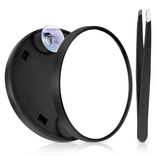 JIEYAO 5X Compact Magnifying Mirror, 3.6'' Travel Magnifying Mirror with 2 Suction Cups, 5x Magnification Makeup Mirror with Tweezer Cosmetic Magnified Mirror Handheld Pocket Mirror 5X(Black)