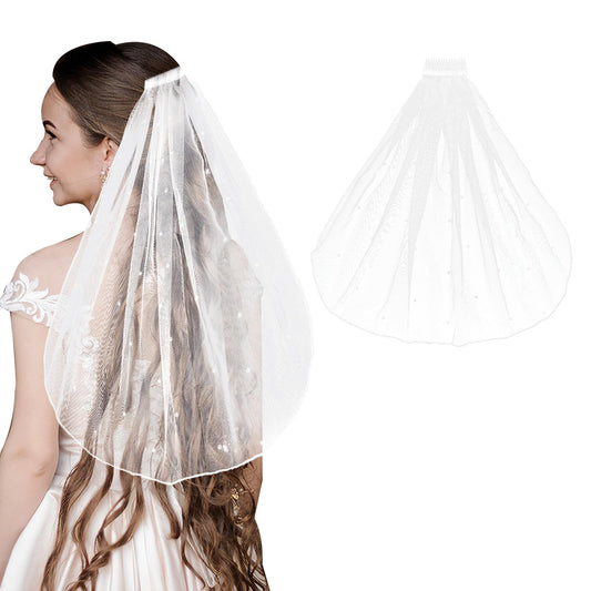 Amaxiu Short Bridal Wedding Veils,1 Tier Pearl White Lace Veil with Comb Wedding Headpiece Bachelorette Party Cathedral Veils for Brides Flower Women Girl Decorations Headband Accessories,55cm/21.7in