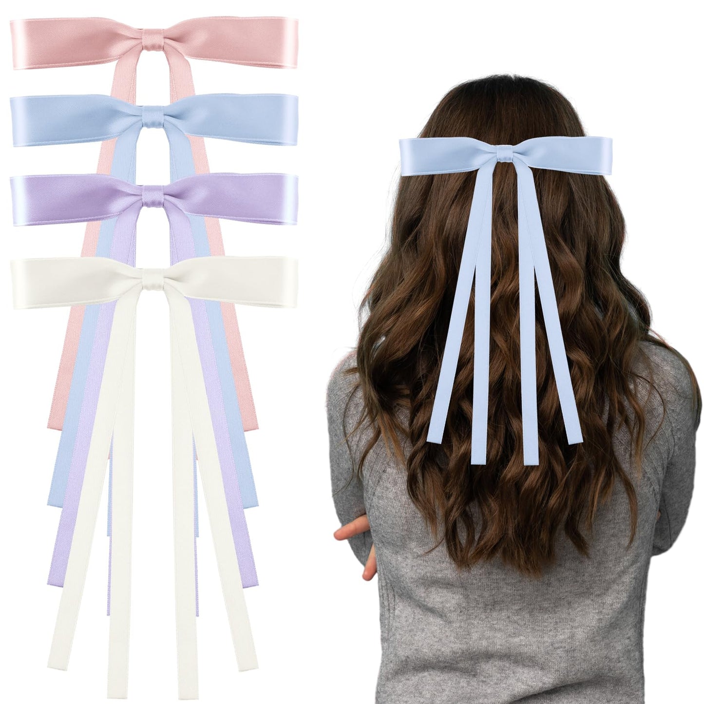 Andibro Silky Satin Hair Bows with Tassel, 4 colors Hair Ribbon Barrettes Satin Bowknots Hair Pins Cute Princess Hair Bows French Clips Ponytail Holder Aesthetic Hair Accessories for Women Girls(B)