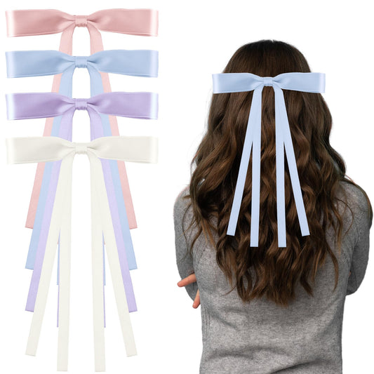 Andibro Silky Satin Hair Bows with Tassel, 4 colors Hair Ribbon Barrettes Satin Bowknots Hair Pins Cute Princess Hair Bows French Clips Ponytail Holder Aesthetic Hair Accessories for Women Girls(B)