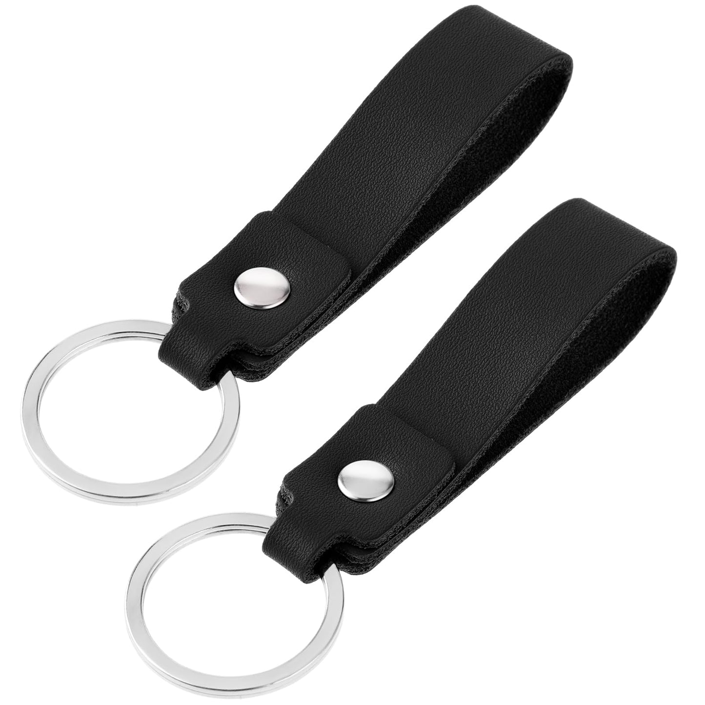 Bewudy 2Pcs Leather Keychain Strap for Car Car Keys, Silver Key Ring Holder for Men and Women, Metal Key Ring Key Chains Clips(Black)