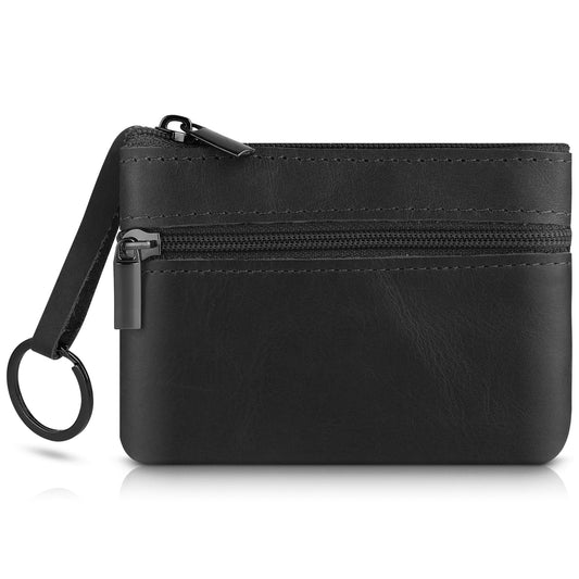 Amaxiu Genuine Leather Coin Purse, Cowhide Zipper Coin Pouch Wallet with Keychain Change Holder Pocket Coin Organizer for Women Men (Black)