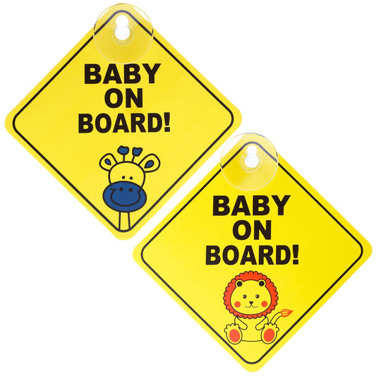 Bewudy 2 PCS Baby on Board Car Warning Sign, Baby on Board Sticker Sign for Car Warning with Suction Cups, Baby in Car Sticker for Car Reusable Baby on Board Sticker Yellow (Lion+Giraffe)