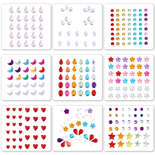 cobee 9 Sheets Face Gems Stickers, Colorful Self-Adhesive Face Jewels Stick on Rhinestones Crystal Bling Sticker for Makeup Party Wedding Halloween Christmas Decoration Nail Art DIY Craft
