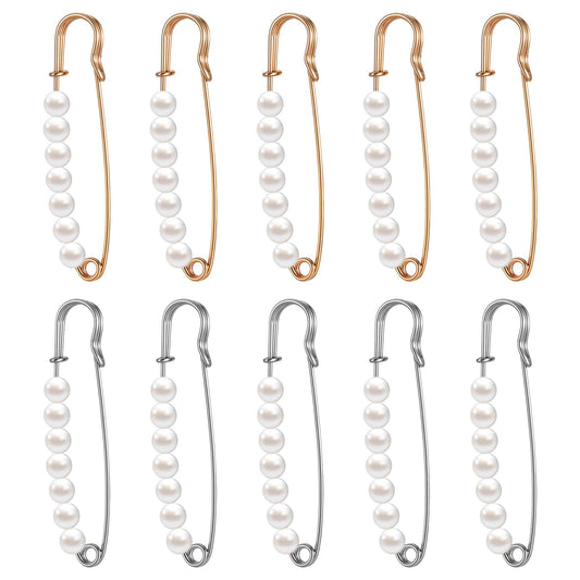 AOZUO 10 Pcs Faux Pearl Brooch Pins, Sweater Shawl Hat Pearl Brooch Pins Decorative Safety Pins for Clothing Simulation Pearl Safety Pins Woven Shawl Clip Fashion Brooches and Pins for Women