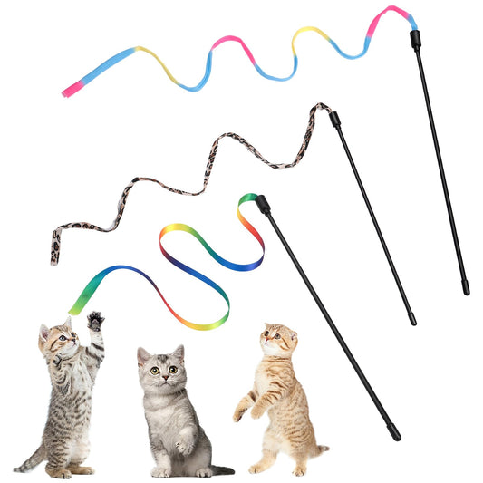 Amaxiu Cat Wand Toy Set, Interactive Cat Wand Toy with Rainbow Ribbon String, Rainbow Cloth String, Leopard Print Cloth String for Small Cats Kittens Indoor Training Catcher(3 Packs)