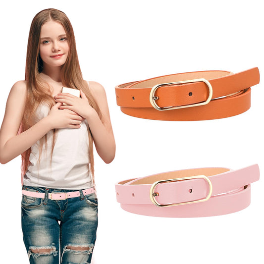 Andibro Adjustable Leather Waist Belt For Kids, Thin Waist Belt Skinny Leather Belts with Alloy Pin Buckle for Girls Boys(Pink + Camel)