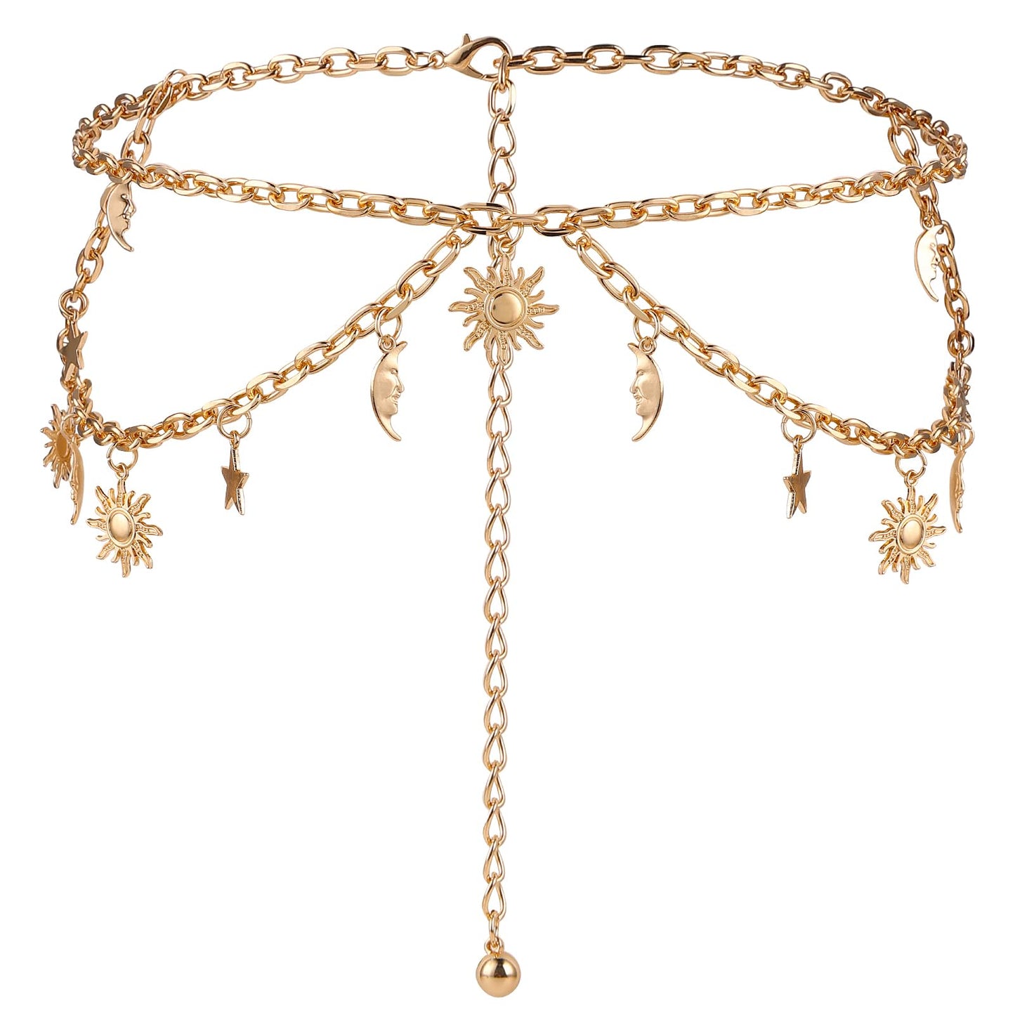 Amaxiu Double Layer Women Metal Chain Belt, Moon Star Adjustable Waist Chain Decorated Metal Link Belt Skinny Waistband Chain for Dresses Jeans(Fits waist size 25"-45",Gold,1)